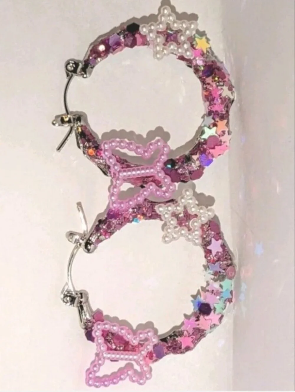 Handmade Pink Butterfly & Star Hoop Earrings - Pink Sparkle For Kids And Adults